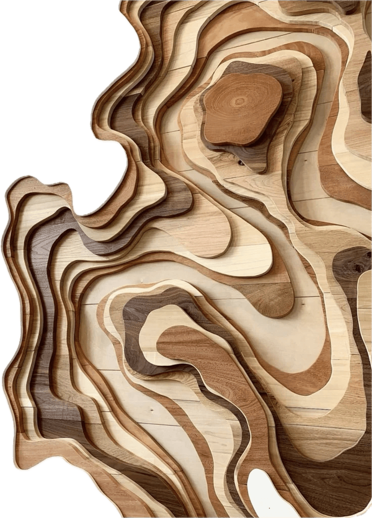 Layered wood art representing Swathi's product craftsmanship